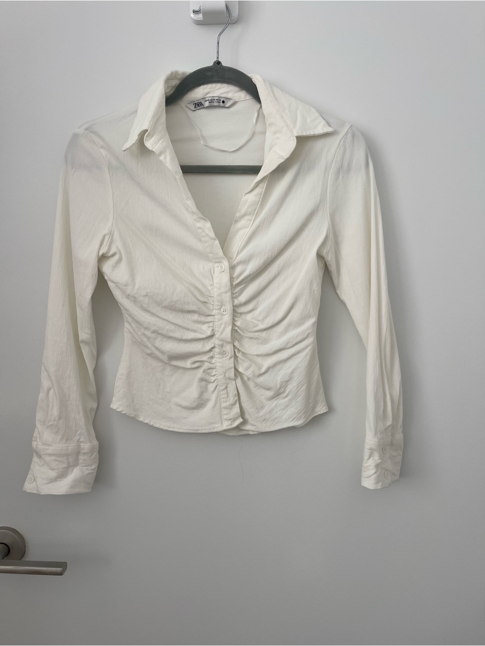 Zara White Ruched Button-Front Shirt